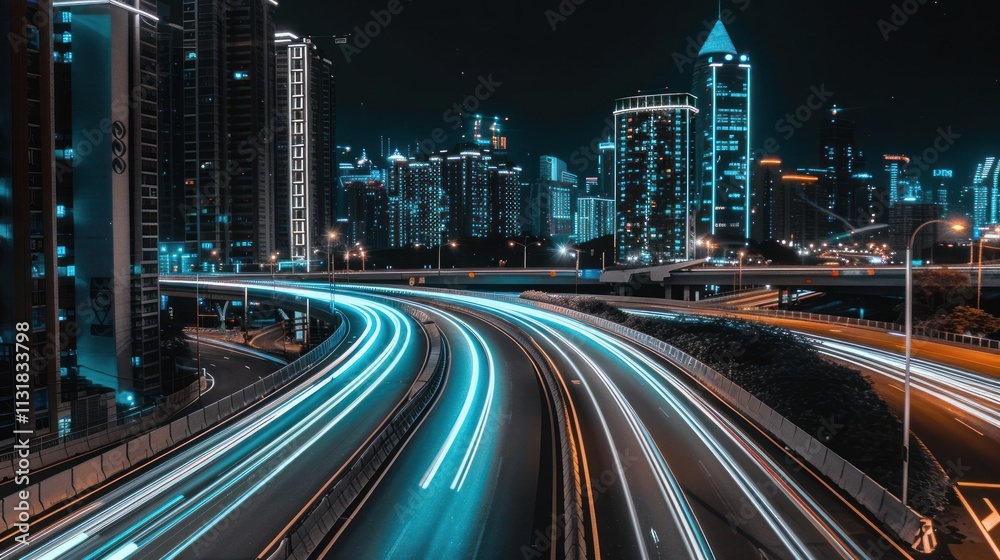 Fototapeta premium Night Cityscape with Traffic Light Trails