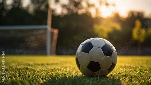 A perfectly placed football on green grass, highlighted by the gentle rays of sunset.