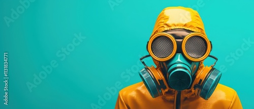 A person wearing a bright yellow hazmat suit and gas mask, set against a vibrant teal background, evoking themes of safety and protection. photo