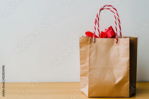 Brown paper gift bag with red ribbon and decorations on wooden table against a minimalist background, perfect for holiday and celebration themes photo