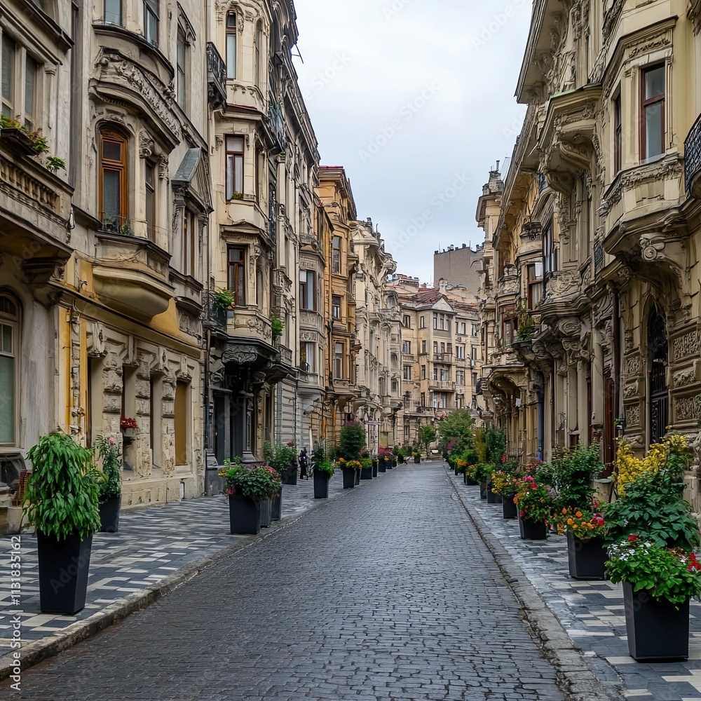 Fototapeta premium Cobblestone street with old buildings and flowers