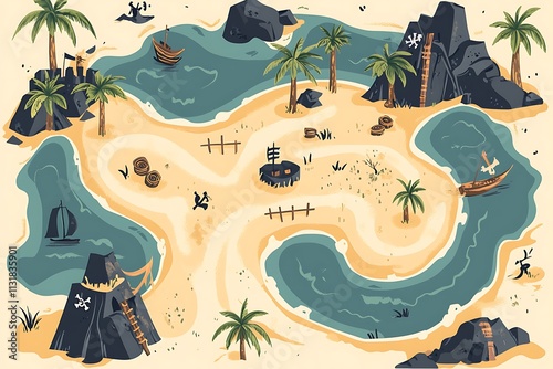 Tropical island pirate adventure map illustration.