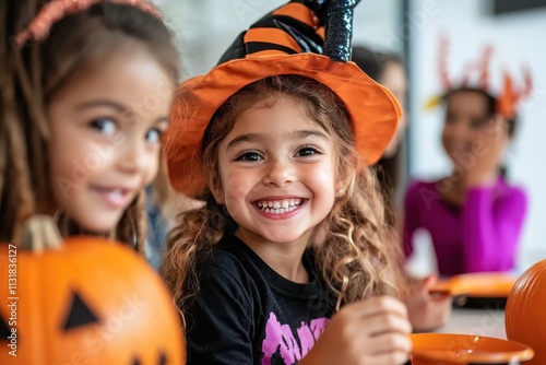 Two cheerful girls in colorful Halloween attire are enjoying the festivities, surrounded by bright pumpkins and fellow partygoers in elaborate costumes. photo