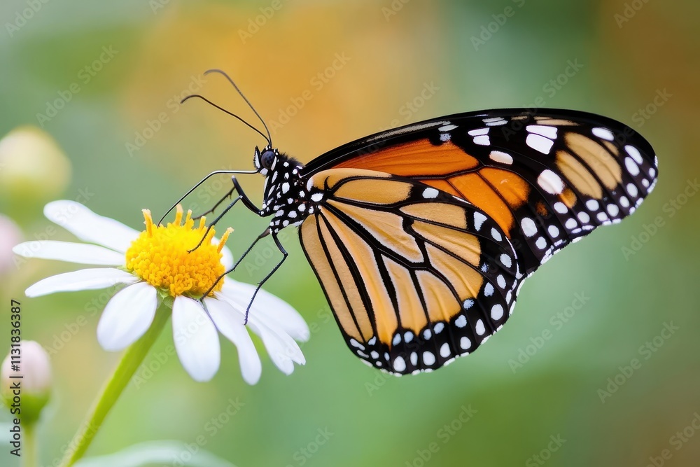 Obraz premium The monarch butterfly is vividly depicted on a daisy flower, capturing the delightful contrast between its orange, black patterns and the flower’s white petals.