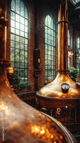 Copper brewery tanks in industrial setting.