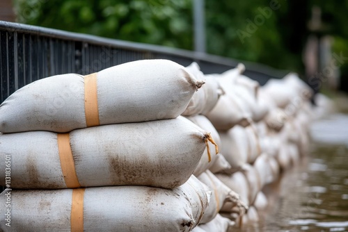 A line of sandbags stacked strategically as a flood defense barrier on a riverbank, illustrating themes of protection and preparedness against natural disasters. photo