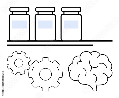 Medical vials on a shelf, two gears, and a brain outline. Ideal for healthcare, innovation, neuroscience, research, technology pharmacology and education themes. Line metaphor