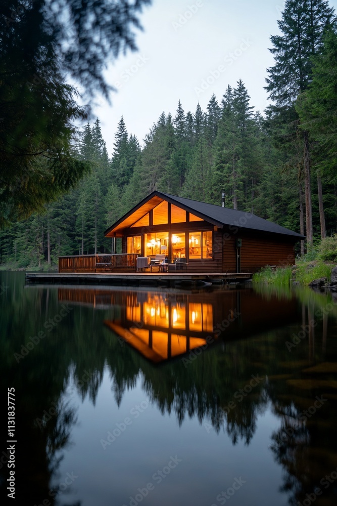 Obraz premium Cozy cabin by a serene lake surrounded by tall trees at dusk.