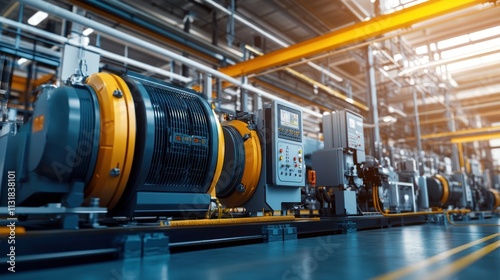 A large industrial air compressor system operating in a modern manufacturing facility, showcasing powerful equipment in a factory production setting.