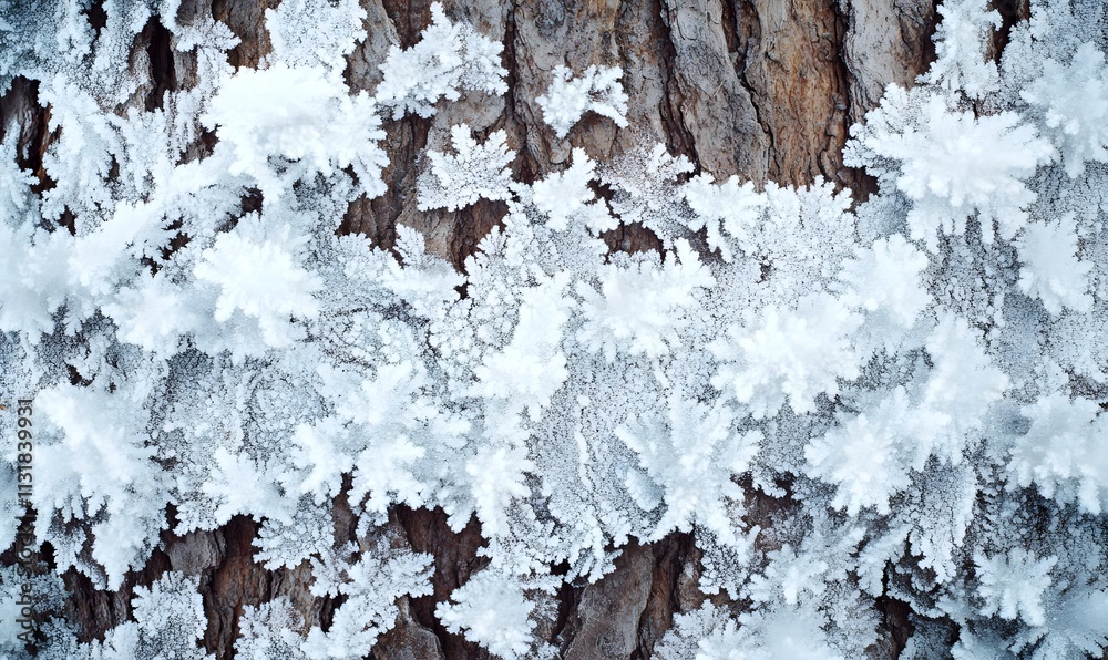 Fototapeta premium Frost crystals on tree bark, closeup.