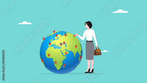 Businesswoman put new branch pin on world map across globe. Global business expansion, open company branches, franchise in new location to cover all continent. growing business worldwide concept