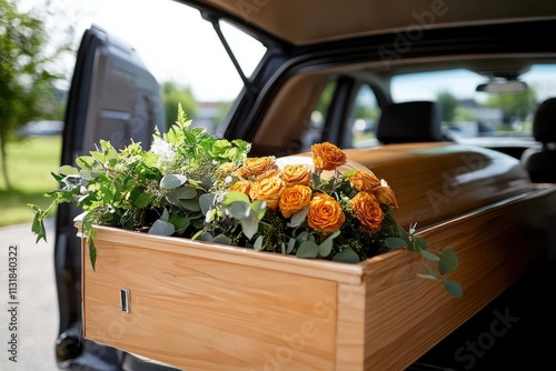 In a hearse, a wooden coffin decorated with a lush floral arrangement signifies a poignant farewell, celebrating life and immortalizing heartfelt memories. photo