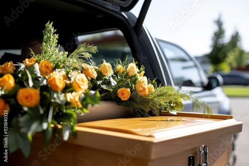 A close-up view of a wooden casket adorned with vibrant yellow roses, being placed inside a hearse during a solemn funeral procession on a sunny day. photo