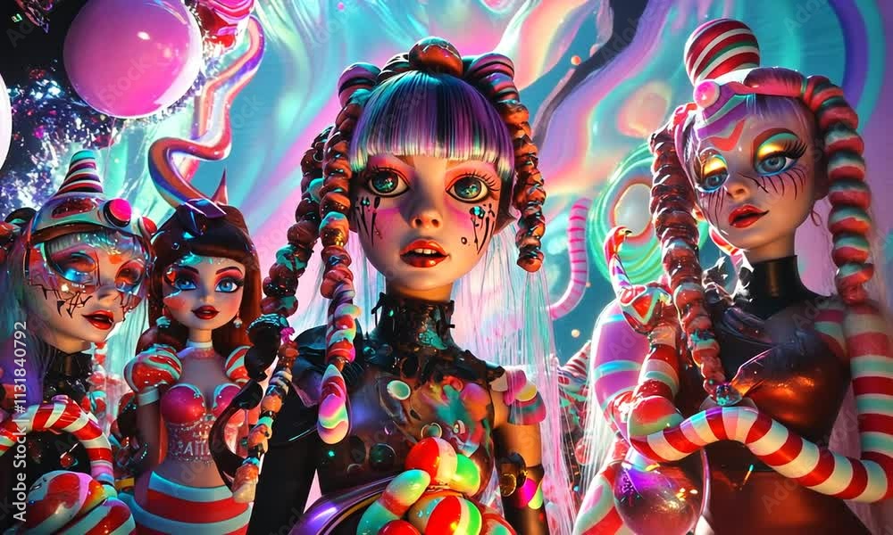Psychedelic Candy-Themed Digital Art Featuring Diverse Female Figures