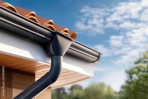A close-up image showcasing a metal gutter system attached to a roof with terracotta tiles, representing effective rainwater management in a natural setting.