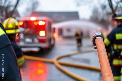 Firefighters hose down an intense fire with urgency, employing critical teamwork and strategy, ensuring the safety of the community and control of the situation.