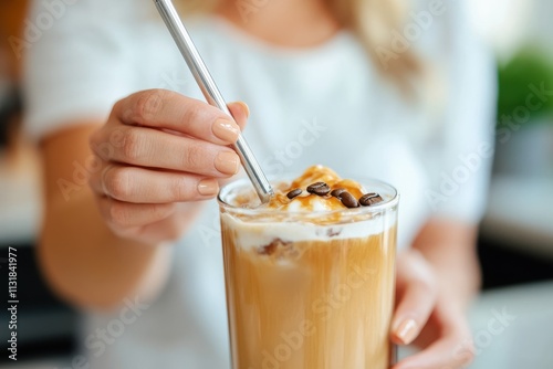 A glass of iced coffee, topped with whipped cream and stirred with a metal straw, showcasing luxury of enjoying a delicately crafted caffeinated beverage.