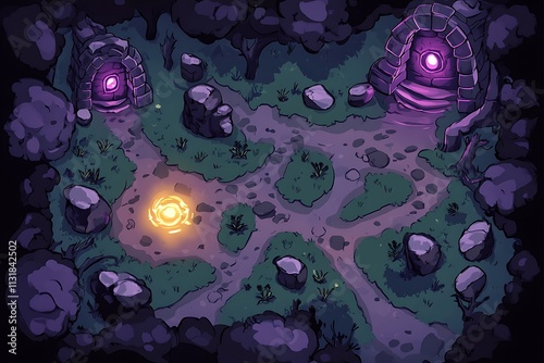 Enchanted forest path with glowing portals and stones.
