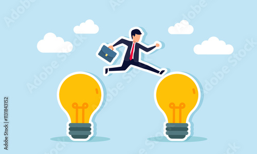 A businessman jumps from one lamp to another, illustration of efforts to gain more relevant business ideas and innovations aligned with business trends