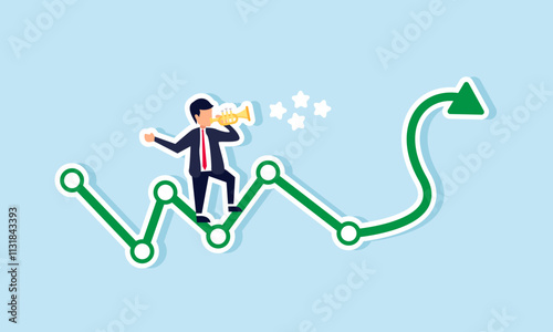 A businessman stands on an increasing green graph playing a trumpet that emits a sound labeled with a star, illustration of enjoying improved business quality performance
