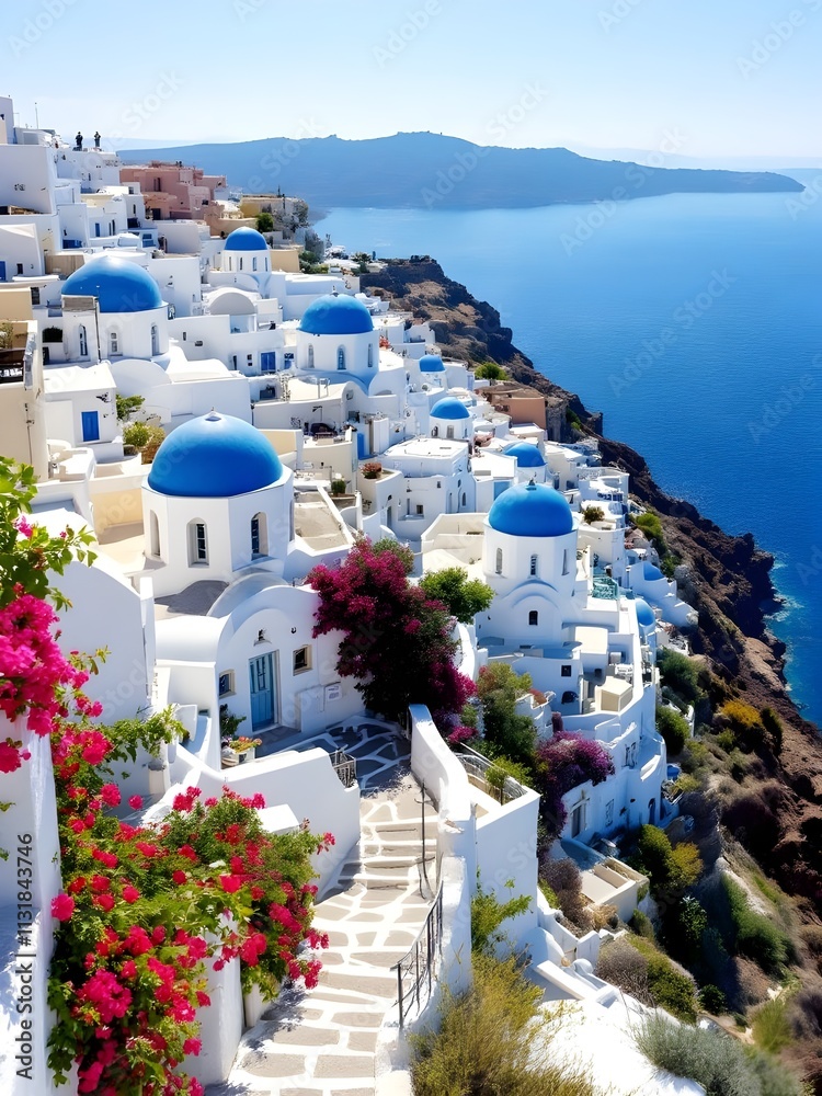 Fototapeta premium Santorinis Breathtaking Cliffs, Whitewashed Churches, and Blue Domes. Generated AI