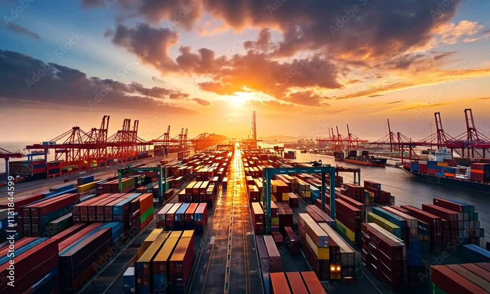 Golden Hour at the Container Port: A Stunning Sunset over Global Trade