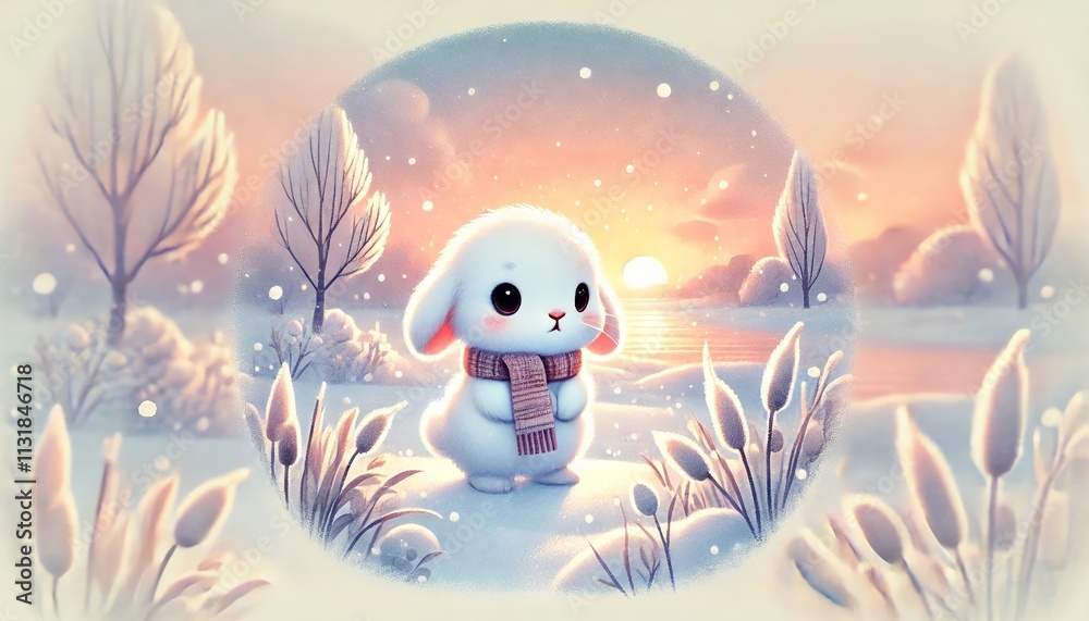 Obraz premium Cozy Winter Sunset with a Baby Rabbit Standing Peacefully in a Serene Snowy Landscape
