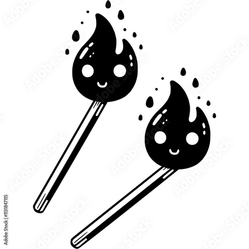 Mesmerizing fiery burning matches in monochrome. Careful handling of matches and fire. Simple minimalistic vector in black ink drawing on transparent background