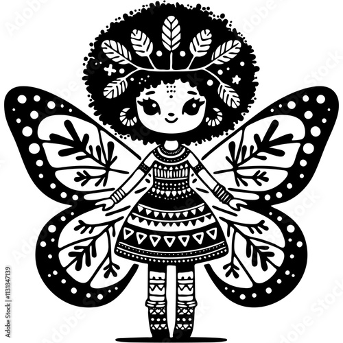 Friendly Forest Fairy with butterfly wings on her back in monochrome. Love and protection of nature. Simple minimalistic vector in black ink drawing on transparent background