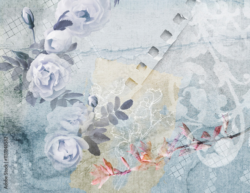 Roses and papers pale blue and white with a hint of pink collage of photos and drawings, abstract background