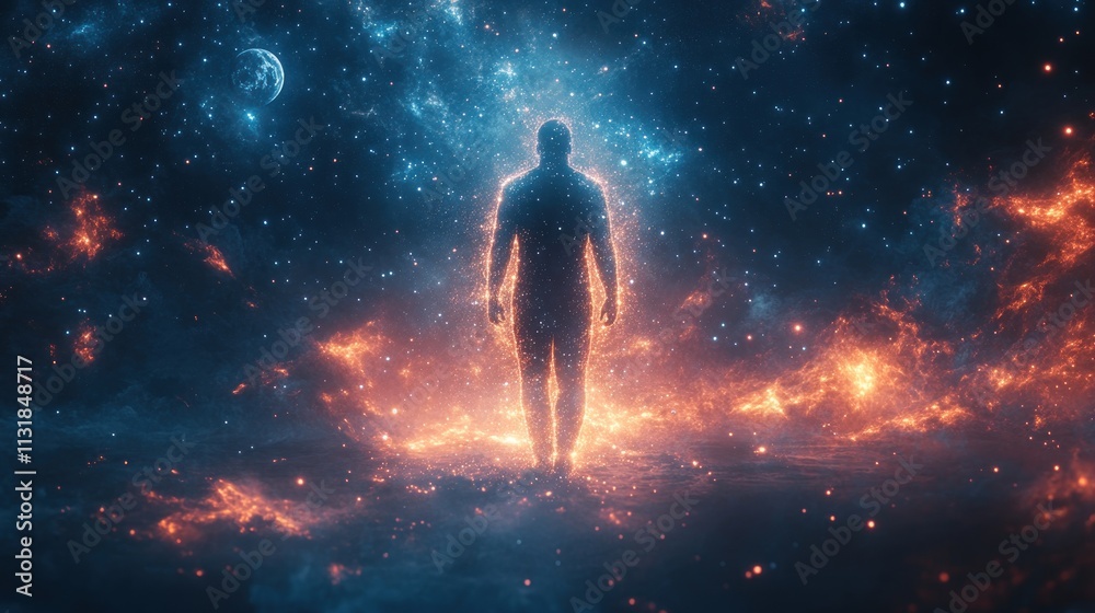 Obraz premium Celestial Being: A Silhouette of Man Embracing Cosmic Energy
