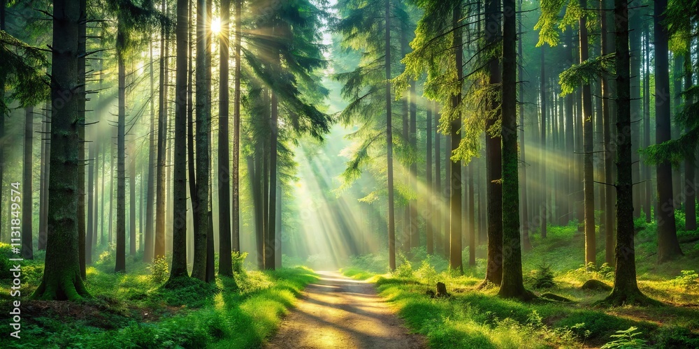 Fototapeta premium Sunlit Path Through a Misty Forest of Tall Trees