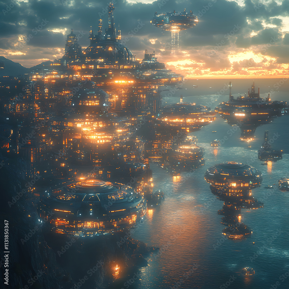 Fototapeta premium Futuristic Cityscape at Dusk with Glowing Lights