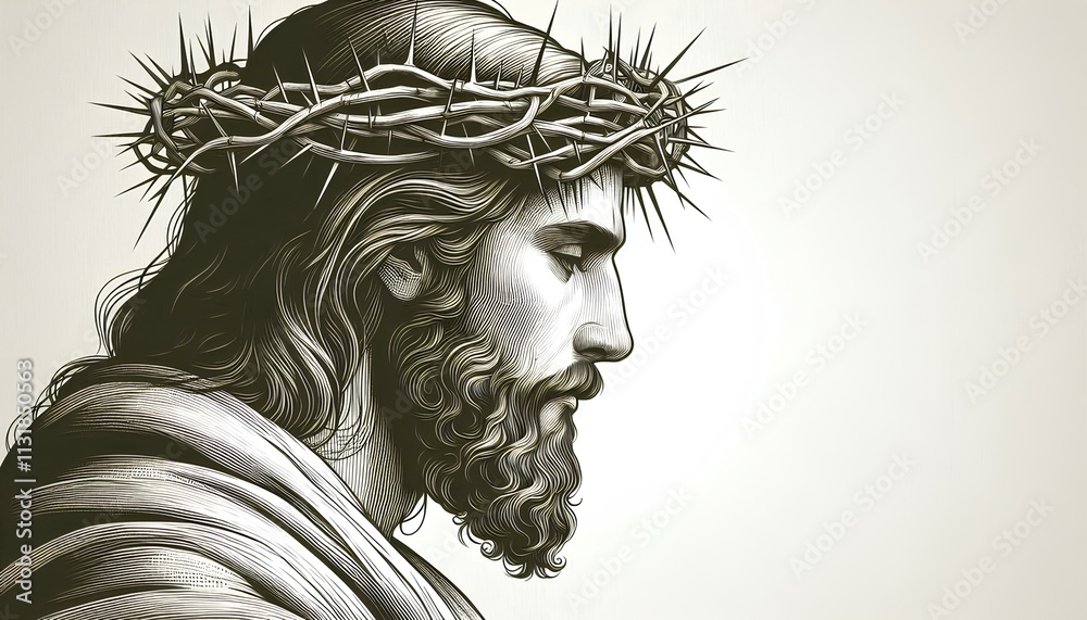 Obraz premium Jesus wearing the crown of thorns, seen from the side angle, white background