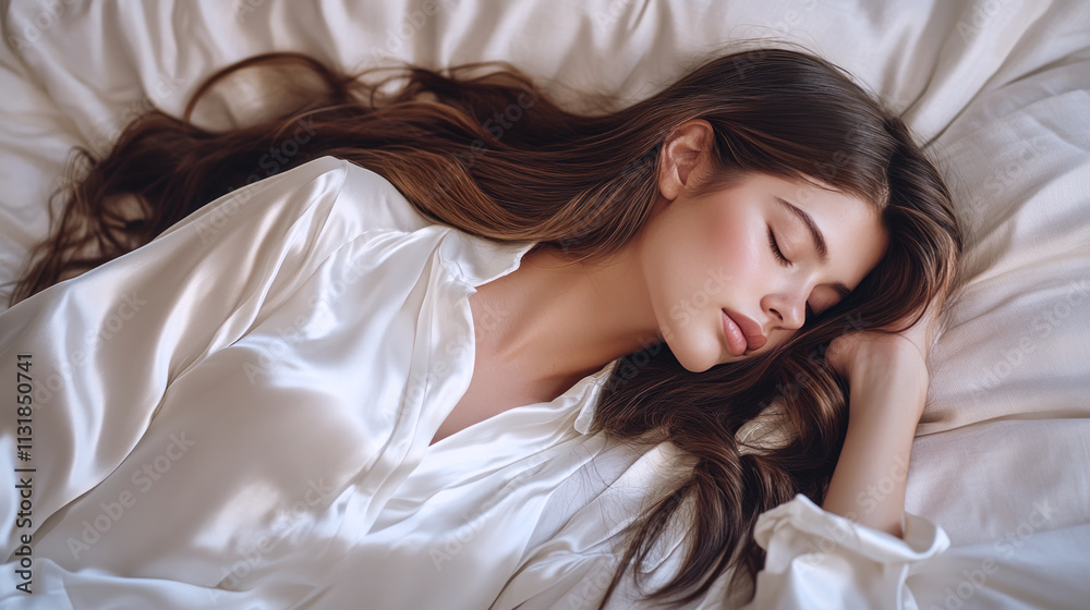Naklejka premium Hispanic woman sleeping comfortably on white bed in luxury hotel