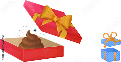 Opened red gift box with yellow ribbon containing a cartoon poop and a flying fly. Digital illustration on white background. Humor and prank concept for design and print. Bad gift concept.
