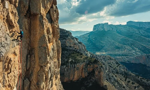 Climber Ascending a Majestic Mountain