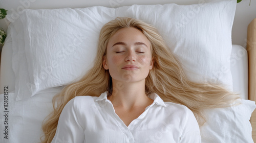 Caucasian woman sleeping comfortably on white bed in luxury hotel