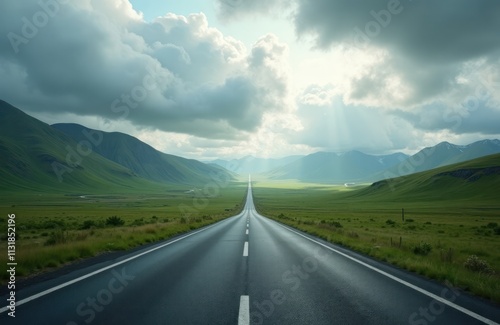 Empty road winds through green hills. Cloudy sky above. Sunlight beams through clouds. Nature landscape. Scenic route. Travel. Adventure. Freedom. Exploration. Empty highway. Natural beauty. Scenic