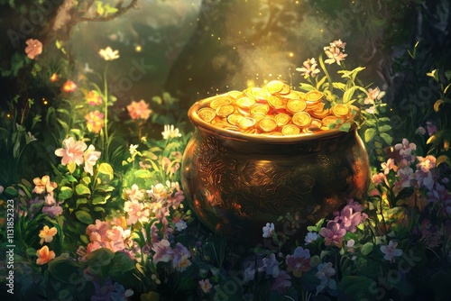 A copper pot overflowing with golden coins sits in a vibrant flower garden, bathed in sunlight.