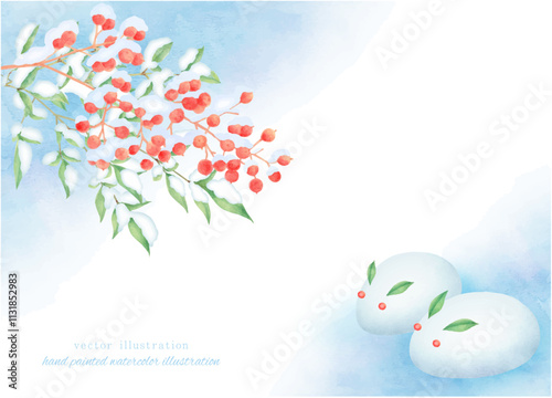 水彩で描いた雪持ち南天と雪うさぎのベクターイラスト