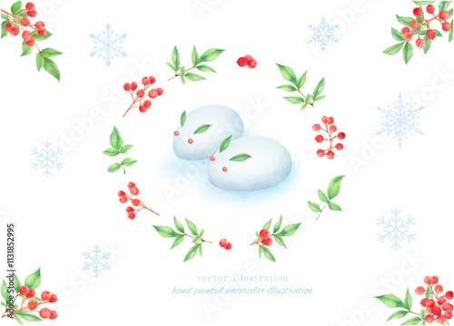 水彩で描いた雪持ち南天と雪うさぎのベクターイラスト