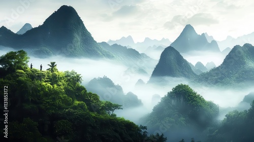 Closeup of misty mountains with lush greenery, moisturerich environment, harmonious nature photo