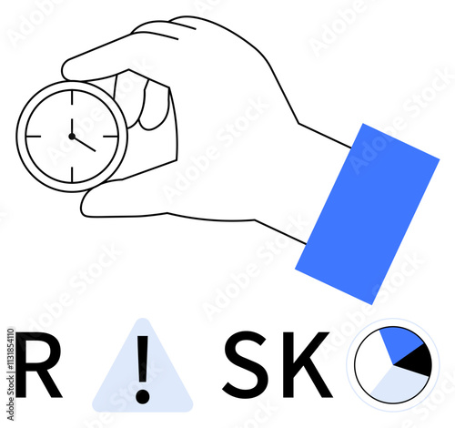 Hand holding clock, exclamation mark inside triangle, letters R S K, pie chart. Ideal for project planning, time management, risk evaluation, deadlines, productivity decision-making strategic