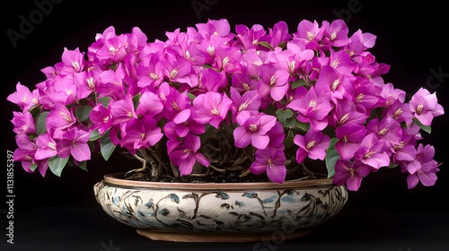 Vibrant pink Bougainvillea bonsai on black.