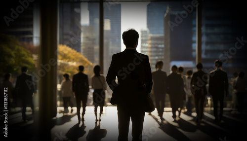 人混みのビジネスオフィス街　ひとり落ち込み項垂れる暗い雰囲気のストレスに疲れたスーツ姿の男性のシルエット　仕事・悩み・苦悩・頭痛・鬱・絶望のイメージ