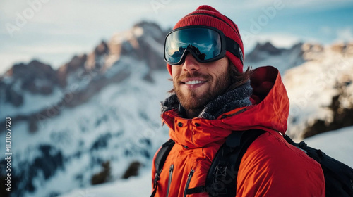 Dressed in vibrant winter gear, a stylish man stands against a breathtaking snowy mountain backdrop, channeling joy and adventure while showcasing his go-getter spirit