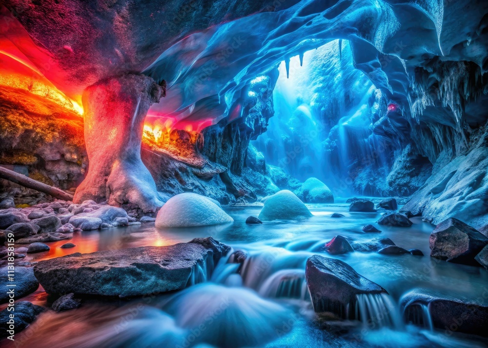 Fototapeta premium Iceland Ice Cave Art: Vibrant Colors, Glacial Exploration Photography