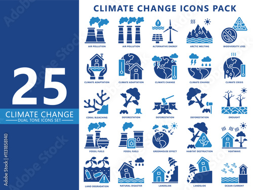 Climate change dual tone icons set, contain pollutions, alternative energy, energy, ecosystem, deforestation and more. vector EPS 10. For UI, UX, app and web development., ecology and environmental.
