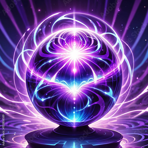 A luminous purple orb with glowing white lines and dots at its core, rests on a circular platform with glowing energy lines extending outwards. It is surrounded by a purple and blue auroralike effect. photo